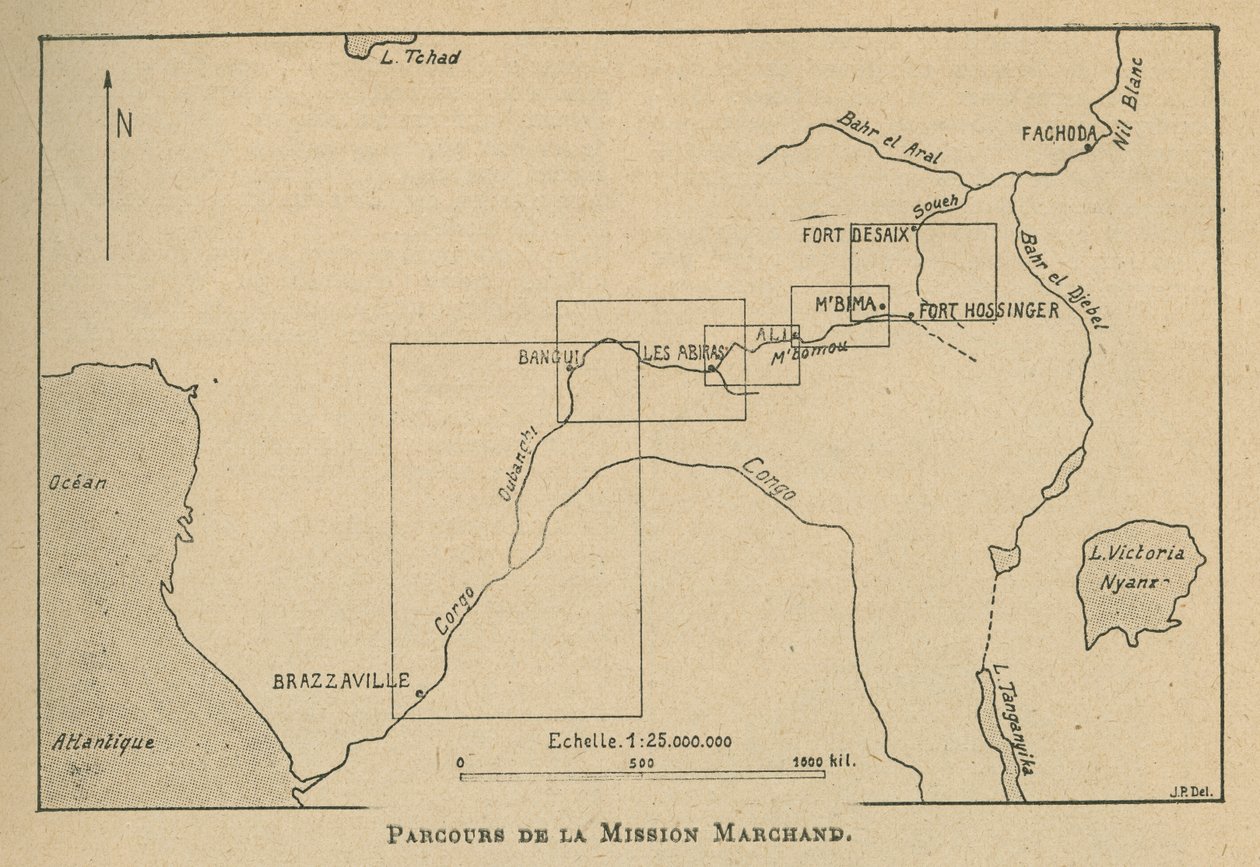 Mapa que muestra la ruta de la Misión Marchand en 1898 de Unbekannt