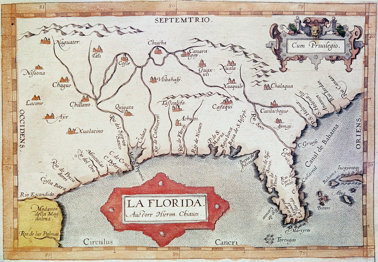 Cartografía de "Florida". Podemos ver el Trópico de Cáncer, las Bahamas y las islas Tortugas. En el "Teatrum Orbis Terrarum"" del cartógrafo Abraham Ortelius (1527-1598) de Unbekannter Künstler