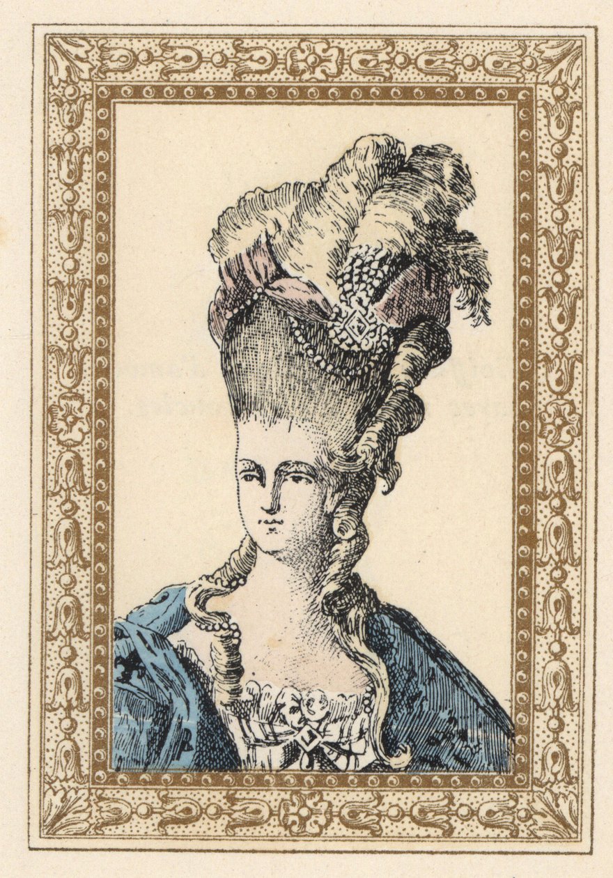 María Antonieta, esposa del rey Luis XVI de Francia, con un elaborado peinado coronado con cintas y perlas de Unbekannter Künstler