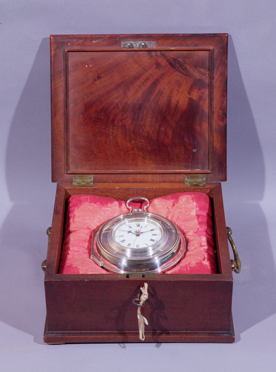 Reloj marino, en estuche de plata, sobre cojines en estuche de transporte de caoba, por John Harrison and Son de Unbekannt