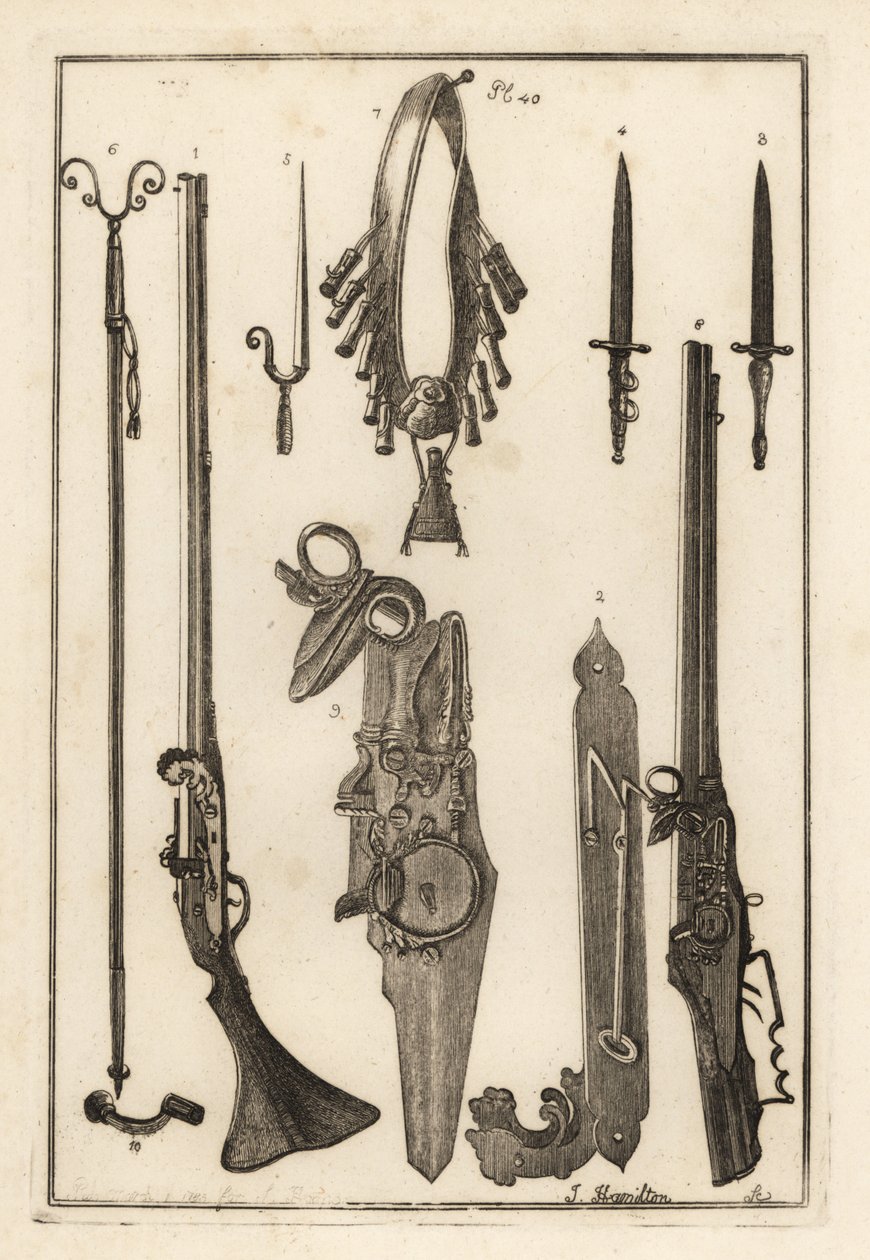 Mosquete de mecha, cerradura y bayoneta de la Torre de Londres, bayoneta, soporte de mosquete y bayoneta, bandoleras y frasco de pólvora, cerradura de rueda y llave de Unbekannt