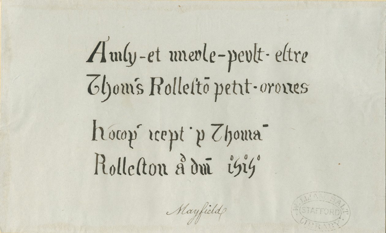 Iglesia de Mayfield - Inscripción a Thomas Rolleston: dibujo a pluma, s.d. [?siglo XVIII] de Unbekannt