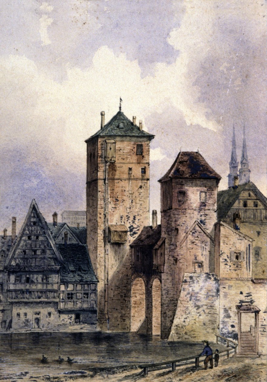 Ciudad medieval a orillas del Rin, hacia 1850-1900 (acuarela) de Unbekannter Künstler
