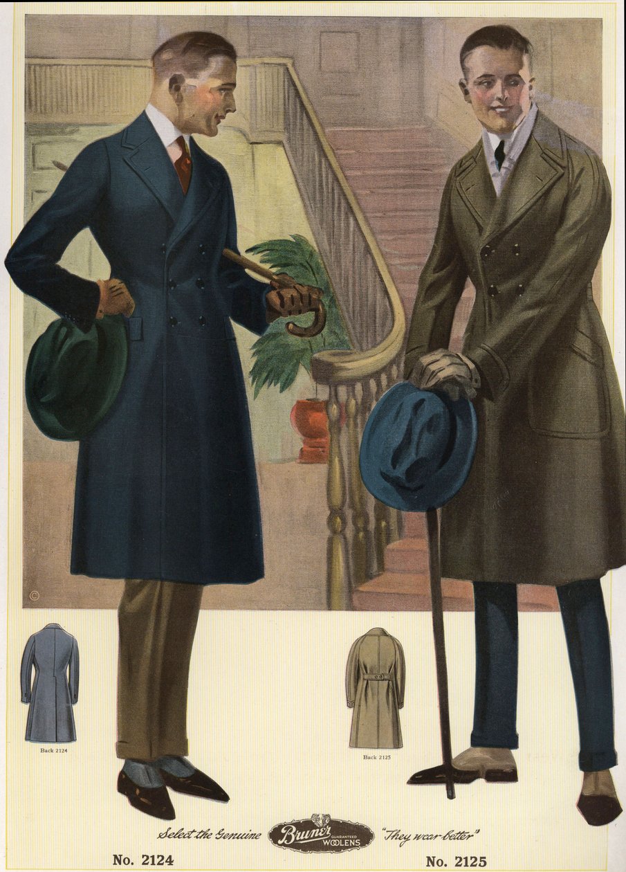 Moda masculina 1920 - Hombres con abrigos de doble botonadura llevando bastones y sombreros, con polainas. Cromolitografía de un catálogo de moda masculina de Bruner Woolens. de Unbekannter Künstler