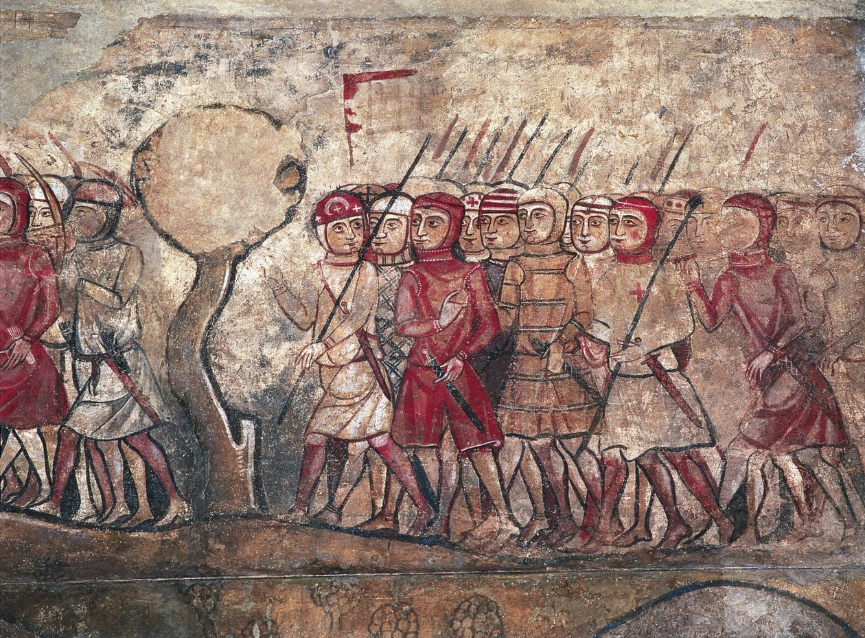 Asamblea militar presidida por el rey Jaime I de Aragón, conocido como el Conquistador, fresco del Palau Reial Major, Barcelona de Unbekannter Künstler