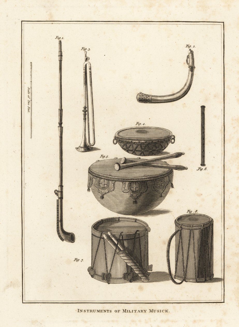 Instrumentos musicales militares: trompeta, cuerno, pífano, tambor de caldero, tambor lateral de Unbekannt