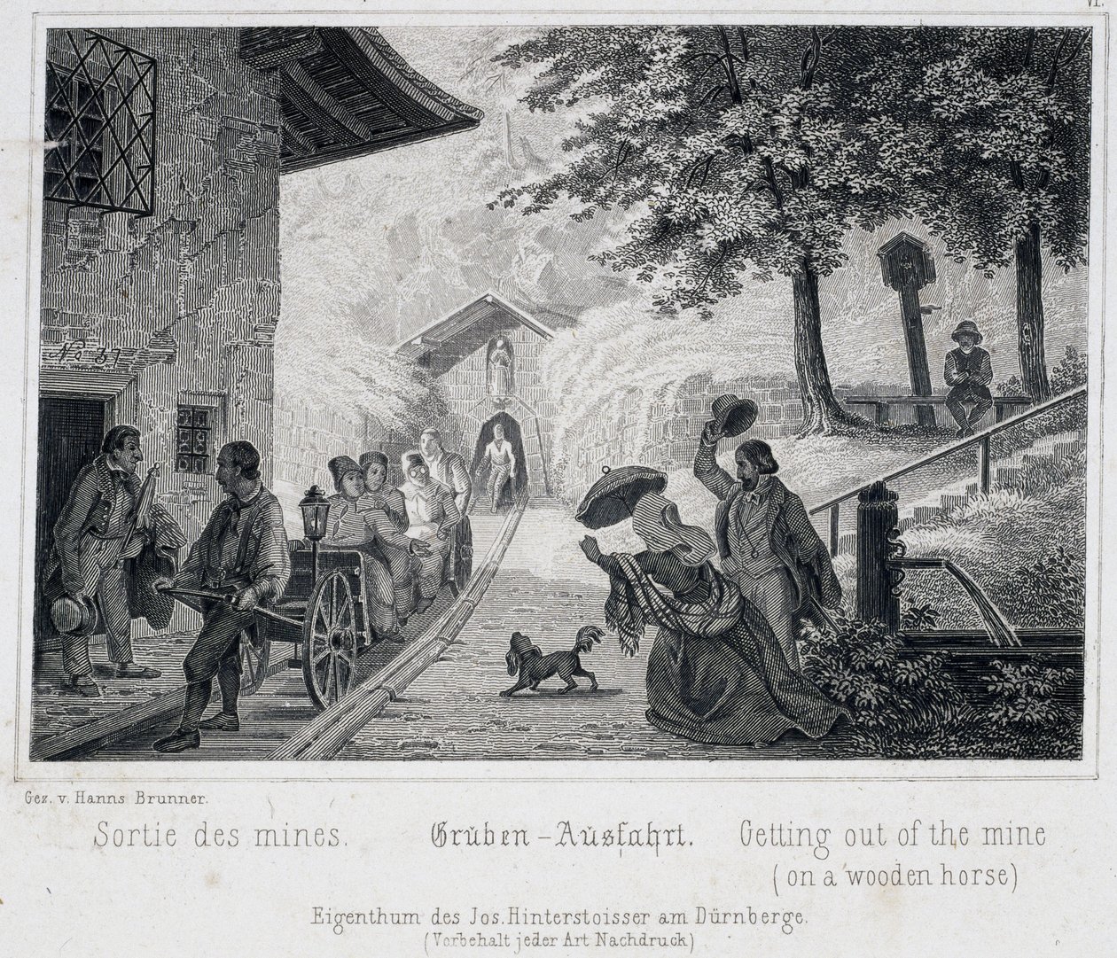 Mina de sal: la salida de los turistas de la mina en un vehículo de madera sobre rieles, en Durrnburg, Austria, hacia 1850 de Unbekannt