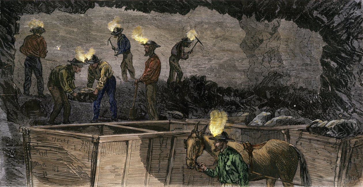 Mineros excavando la mina y cargando el carbón en pequeños vagones tirados por mulas en Pensilvania. Grabado coloreado de 1860. de Unbekannter Künstler