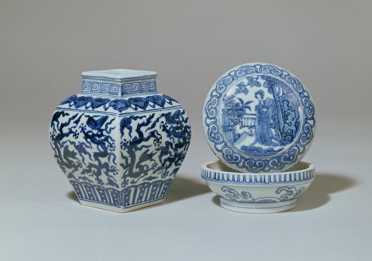 Jarra balustre cuadrada azul y blanca Ming y caja circular, período Chia Ching (1522-66) de Unbekannt