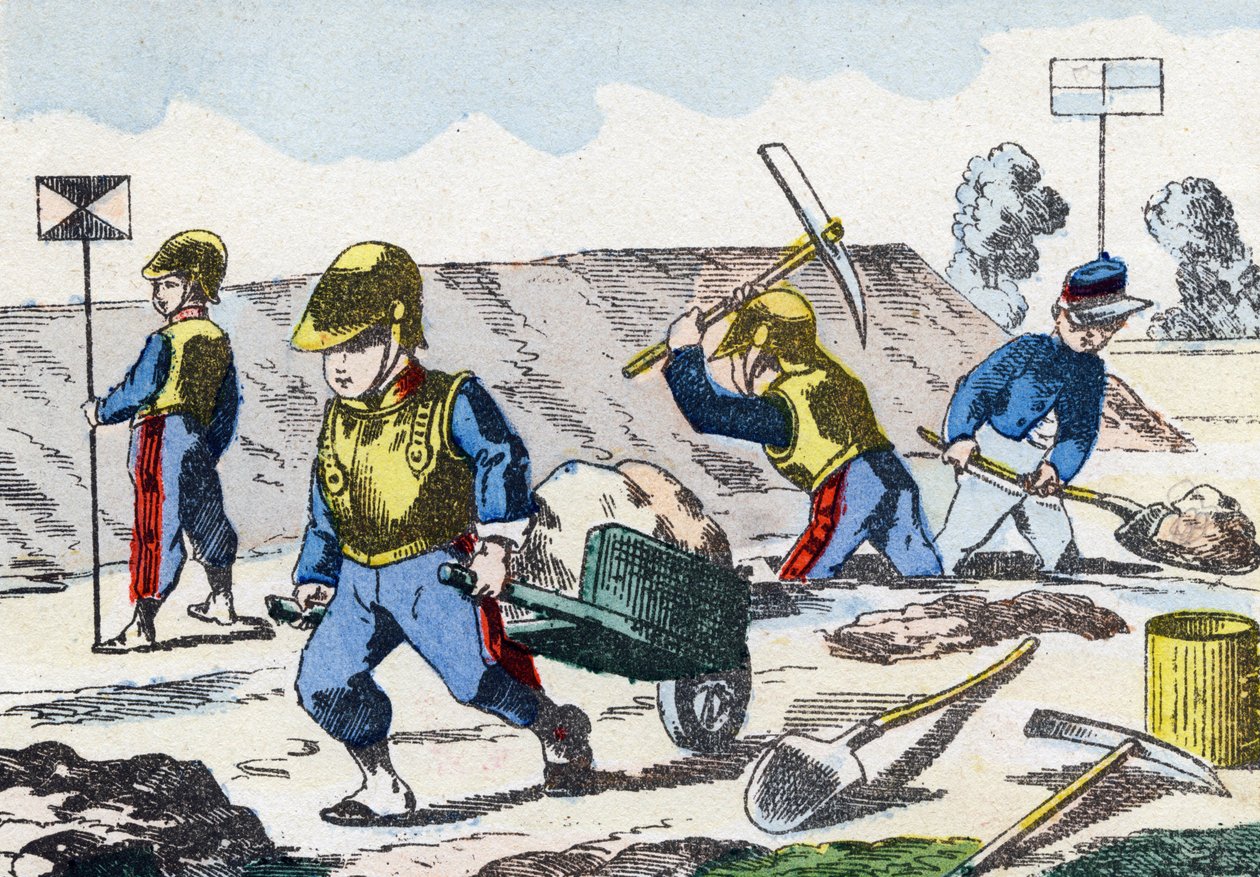 Minas. Grabado en "Alfabeto militar infantil". Imágenes de Pont-a-Mousson, circa 1890 de Unbekannt