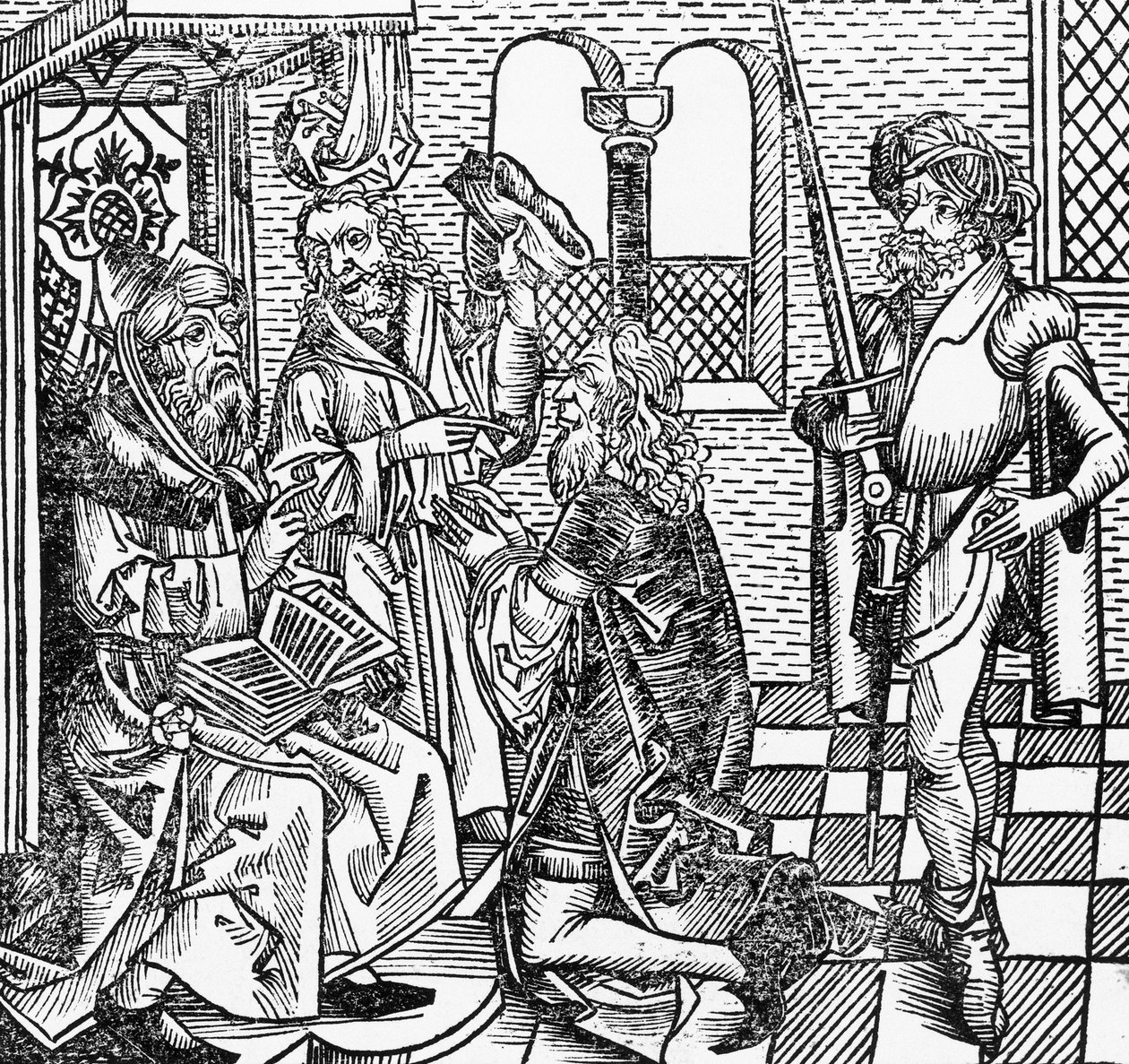 Mahoma en la corte, xilografía alemana, del Crónica de Núremberg (Liber Chronicarum) por Hartmann Schedel de William M. Timlin