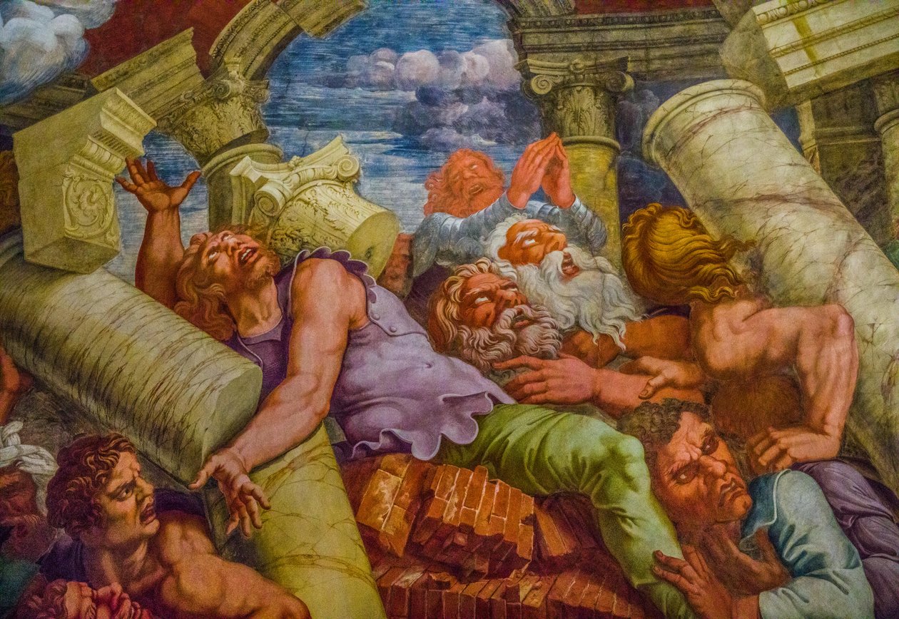 El fresco más famoso del Manierismo: La ilusión de Giulio Romano inventa una cúpula y disuelve la arquitectura de la sala en la caída de los gigantes, Sala de los Gigantes de Unbekannter Künstler