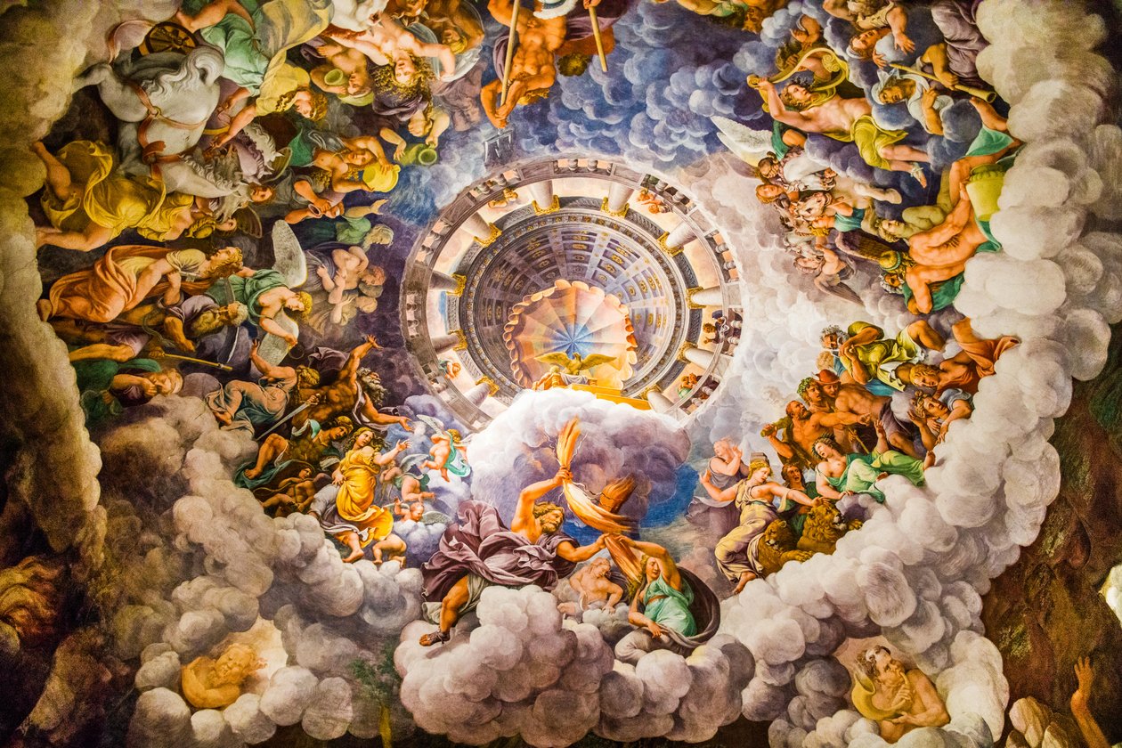 El fresco más famoso del Manierismo: La ilusión de Giulio Romano inventa una cúpula y disuelve la arquitectura de la sala en la caída de los gigantes, Sala de los Gigantes de Unbekannter Künstler