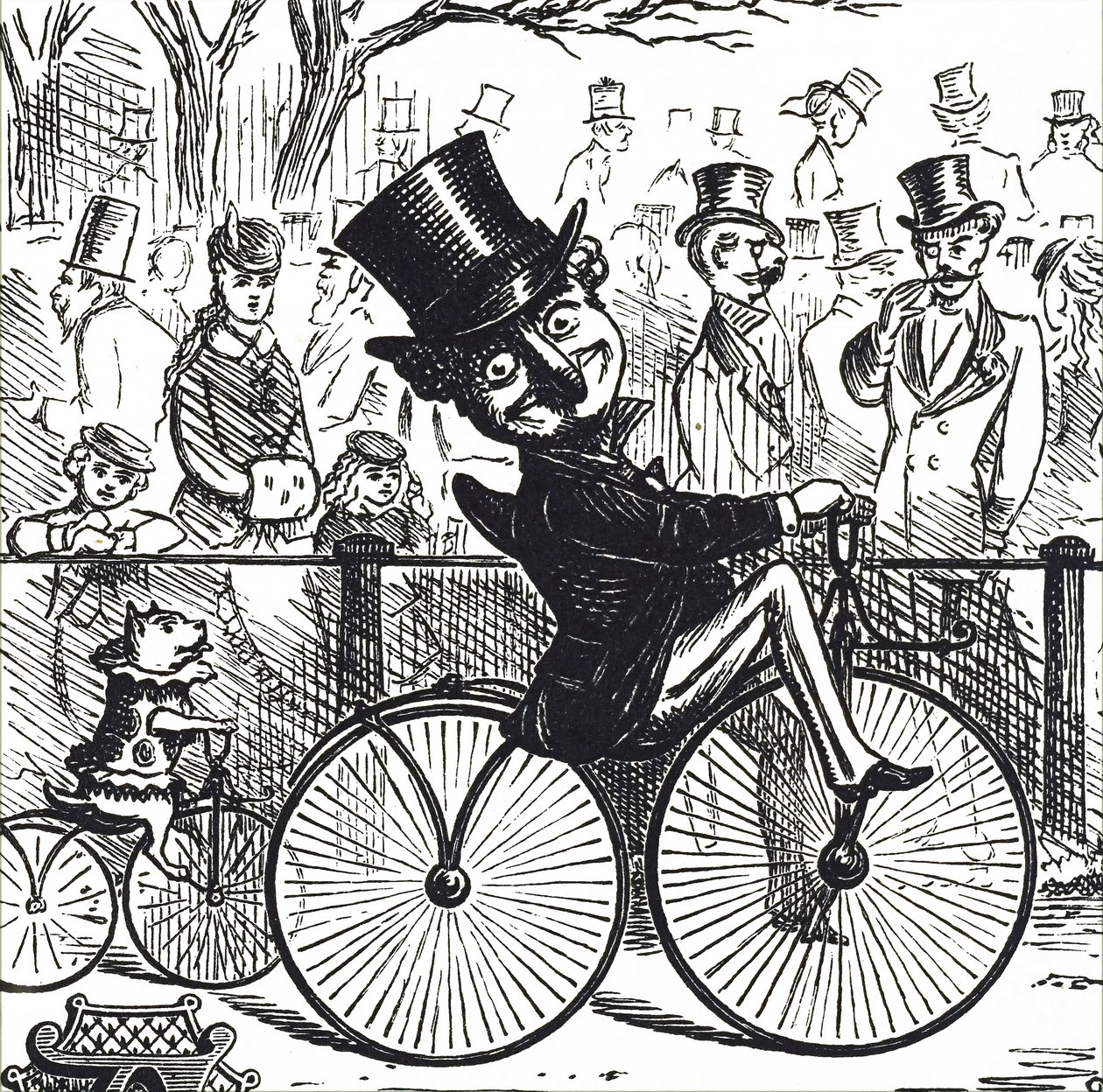 Mr. Punch y el perro Toby montando bicicletas antiguas de Unbekannt