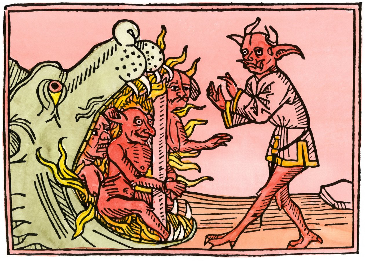 Mitos y leyendas: Boca de dragón en el infierno quemando demonios. Grabado coloreado de una edición de Augsburgo de Unbekannter Künstler