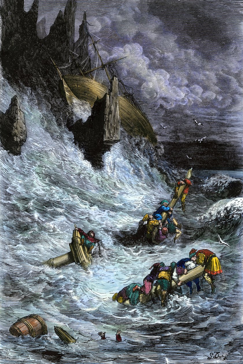 Mitos y leyendas: Simbad (Sindbad) y sus compañeros después de las 1001 noches (mil y una noches). Grabado en color de Gustave Dore. de Unbekannter Künstler