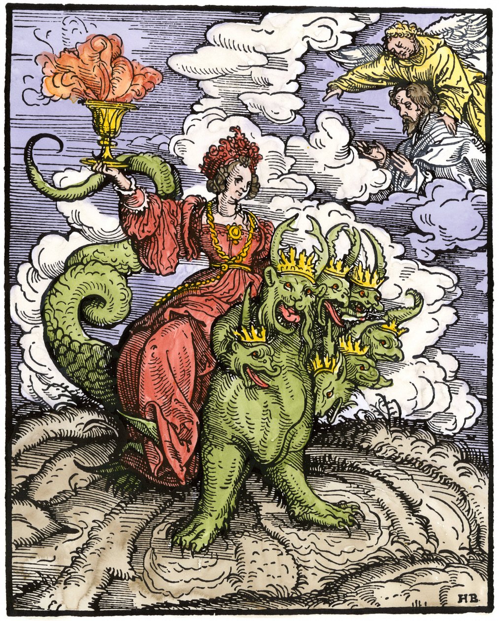 Mitos y leyendas: La Gran Prostituta de Babilonia cabalgando el dragón de 7 cabezas. Grabado coloreado del Nuevo Testamento. impreso en Augsburgo de Unbekannter Künstler