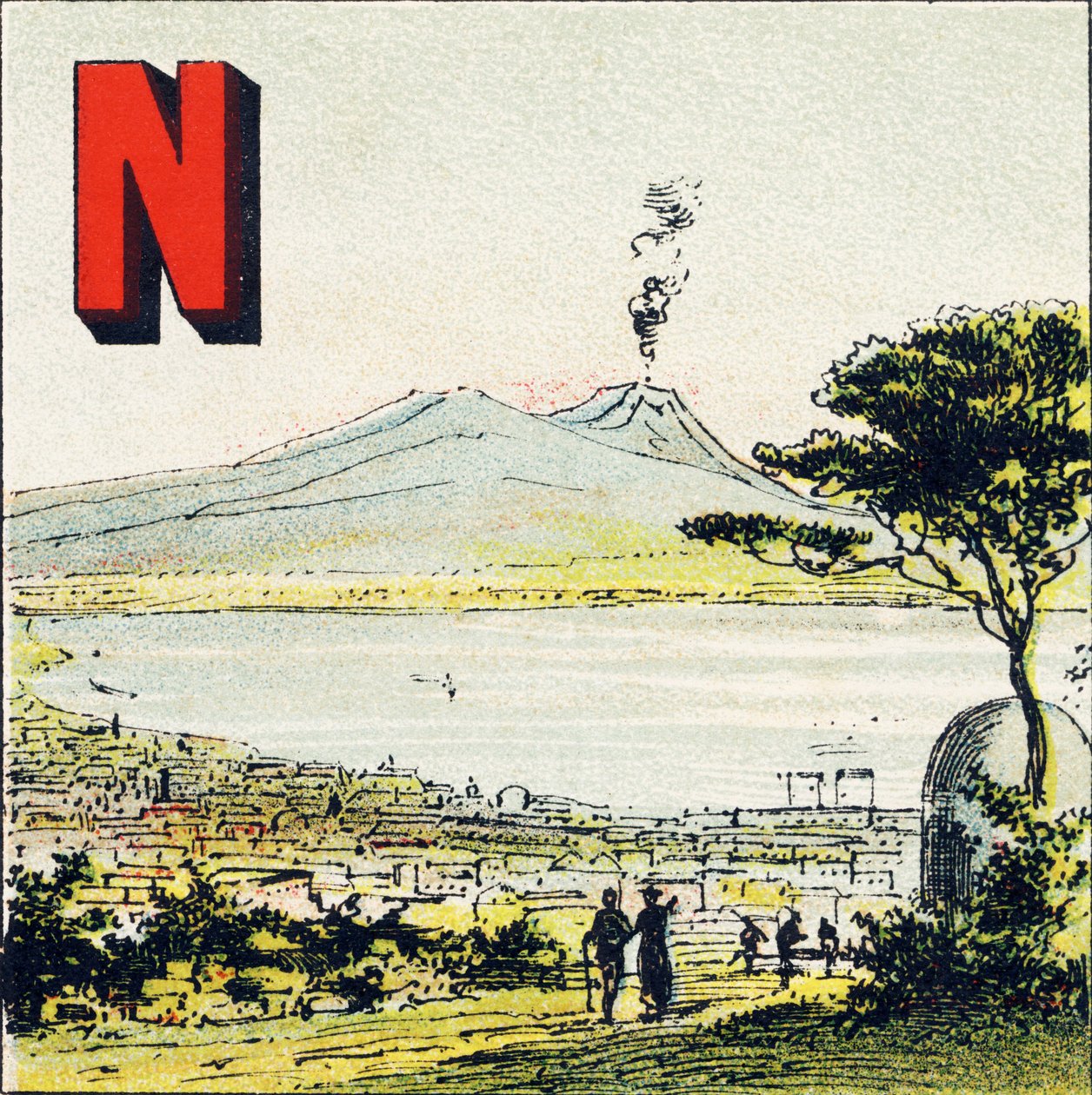 N: Nápoles. Ciudad magnífica, situada en el sur de Italia - Grabado extraído de Alfabeto geográfico. Guerin-Muller et Cie, editores, París de Unbekannt