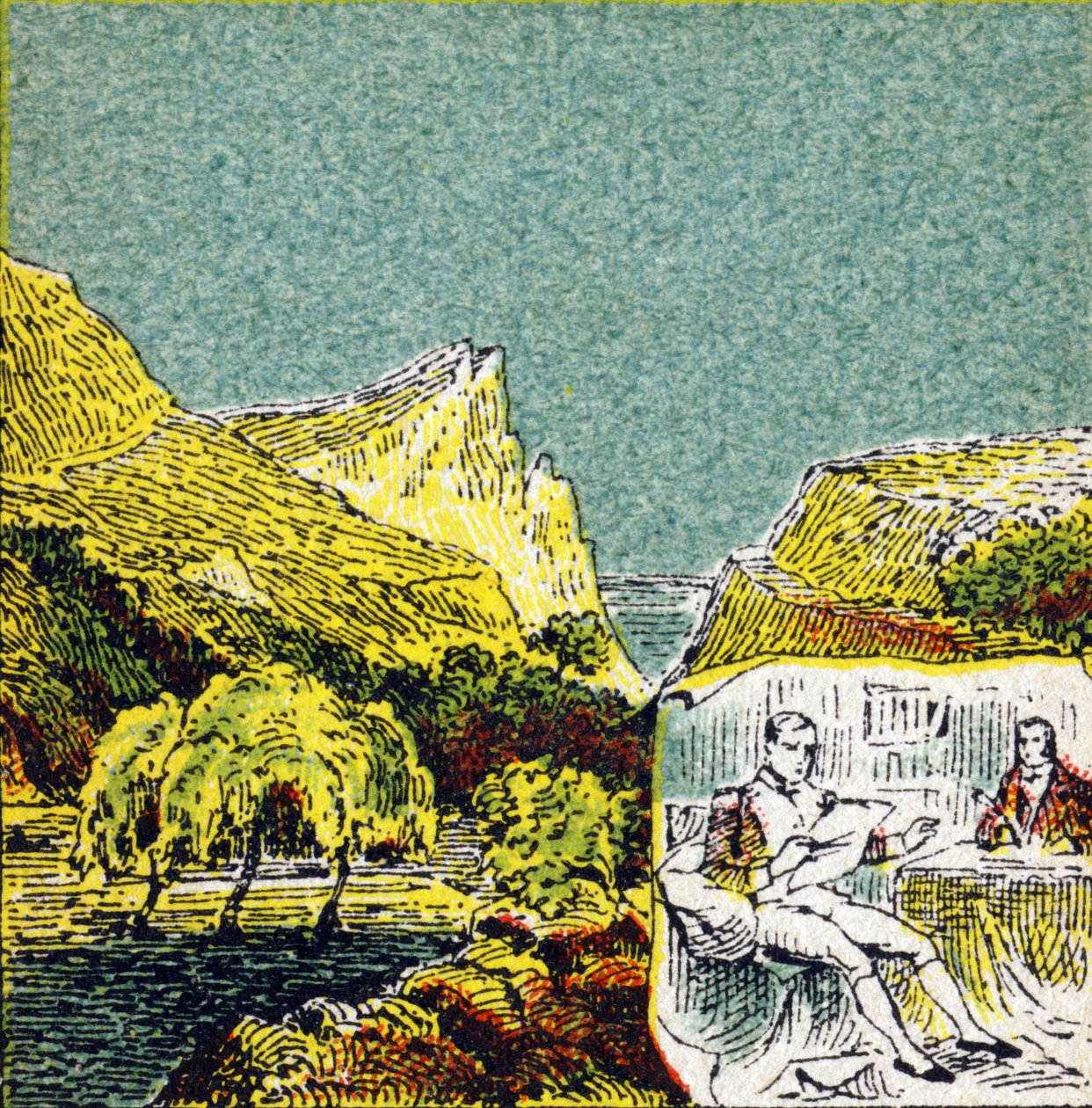 Napoleón I Bonaparte en el exilio en la isla de Santa Elena. Grabado en "Historia de Francia". Serie de imágenes publicitarias publicadas en nombre de Louit, circa 1920 de Unbekannt