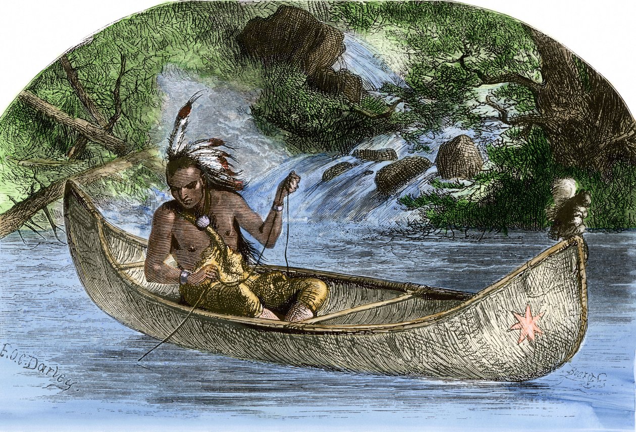 Población nativa de América: indios. Hiawatha pescando en una canoa. Grabado en color del siglo XIX. de Unbekannter Künstler