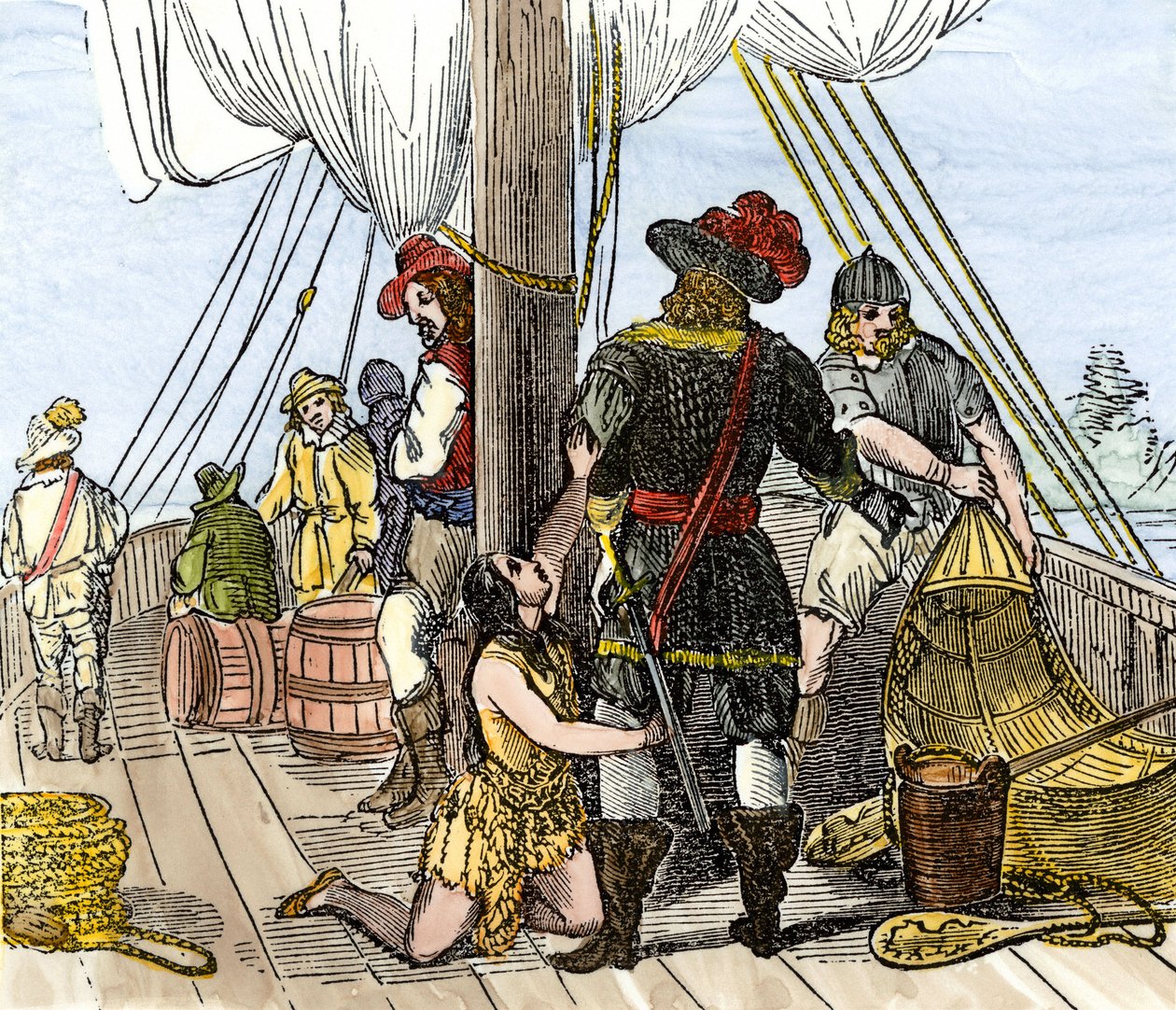 Población nativa de América: indios. Pocahontas capturada a bordo de un barco de Jamestown. Grabado en color del siglo XIX. de Unbekannter Künstler