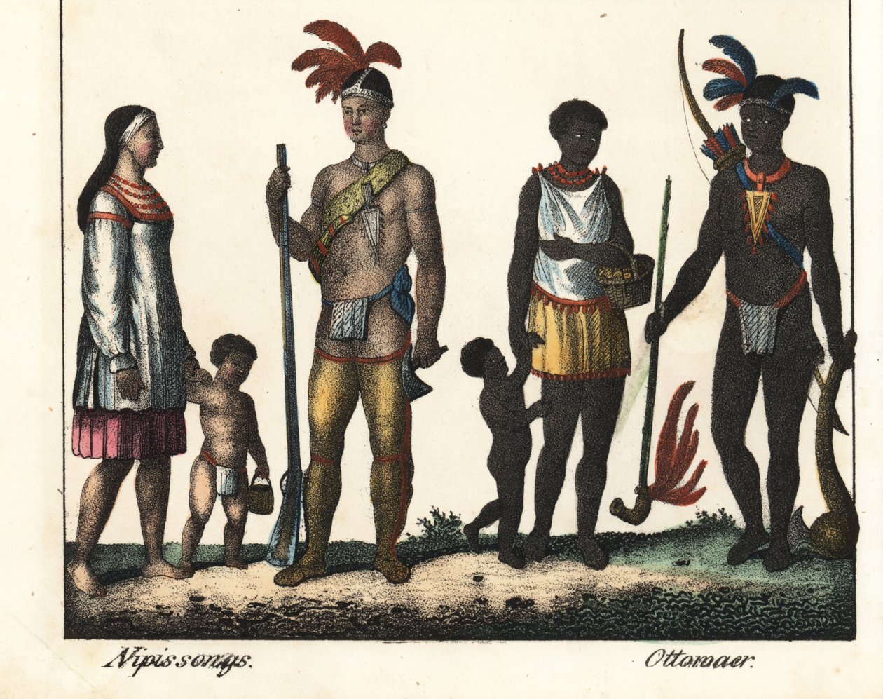 Nativos de Canadá: una familia de indios del lago Nipissing y una familia de indios de la zona de Ottawa. Litografía para el libro: "Galerie complete en tableaux fideles des peuples d