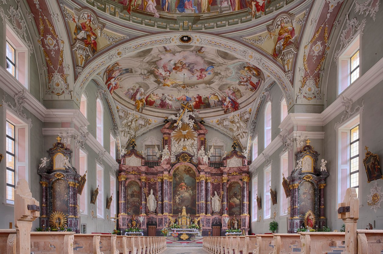 Nave, altar, pintura del techo, fotografía interior, Iglesia Parroquial Católica de San Jorge, Neustift, Valle de Stubai, Tirol, Austria, Europa (foto) de Unbekannter Künstler