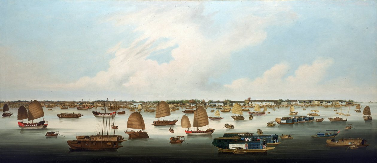 Navegación por el río Perla (o Zhu Jiang, río Cantón), frente a la costa de la isla de Henan, con vistas a las fábricas europeas de Cantón (China). de Unbekannter Künstler