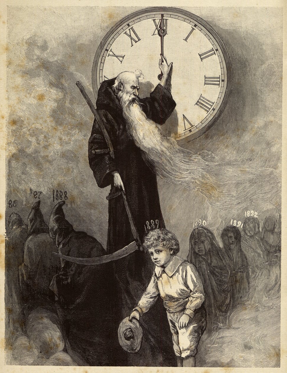 Alegoría de Año Nuevo 1889 que representa una vieja bóveda, símbolo del año viejo, dando paso a un sonriente niño que simboliza el Año Nuevo. El tiempo contempla la escena haciendo girar las manecillas de un reloj. Grabado del siglo XIX de Unbekannter Künstler