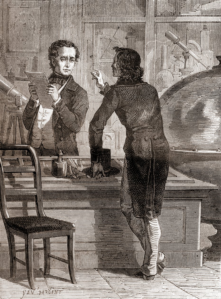 Nicéphore Niépce, aún desconocido y pobre, en la tienda de óptica e instrumentos de Charles Chevalier, de Les Merveilles de la Science, publicado c.1870 de Unbekannt