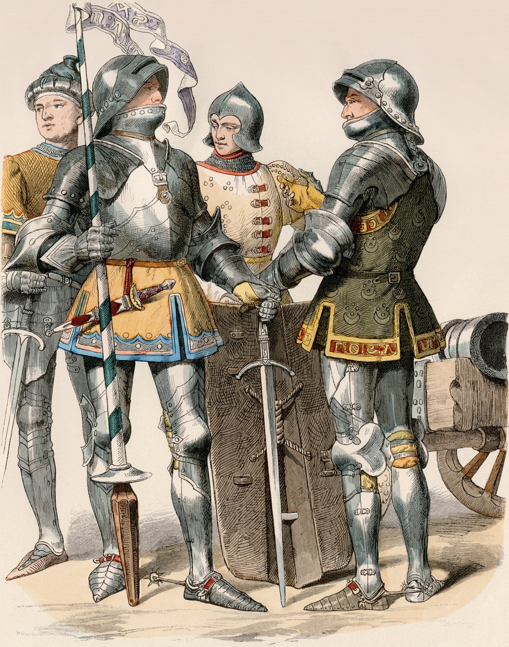 Nobles caballeros del Duque de Bougogne (Francia), con armadura y armas, con un cañón de Unbekannter Künstler