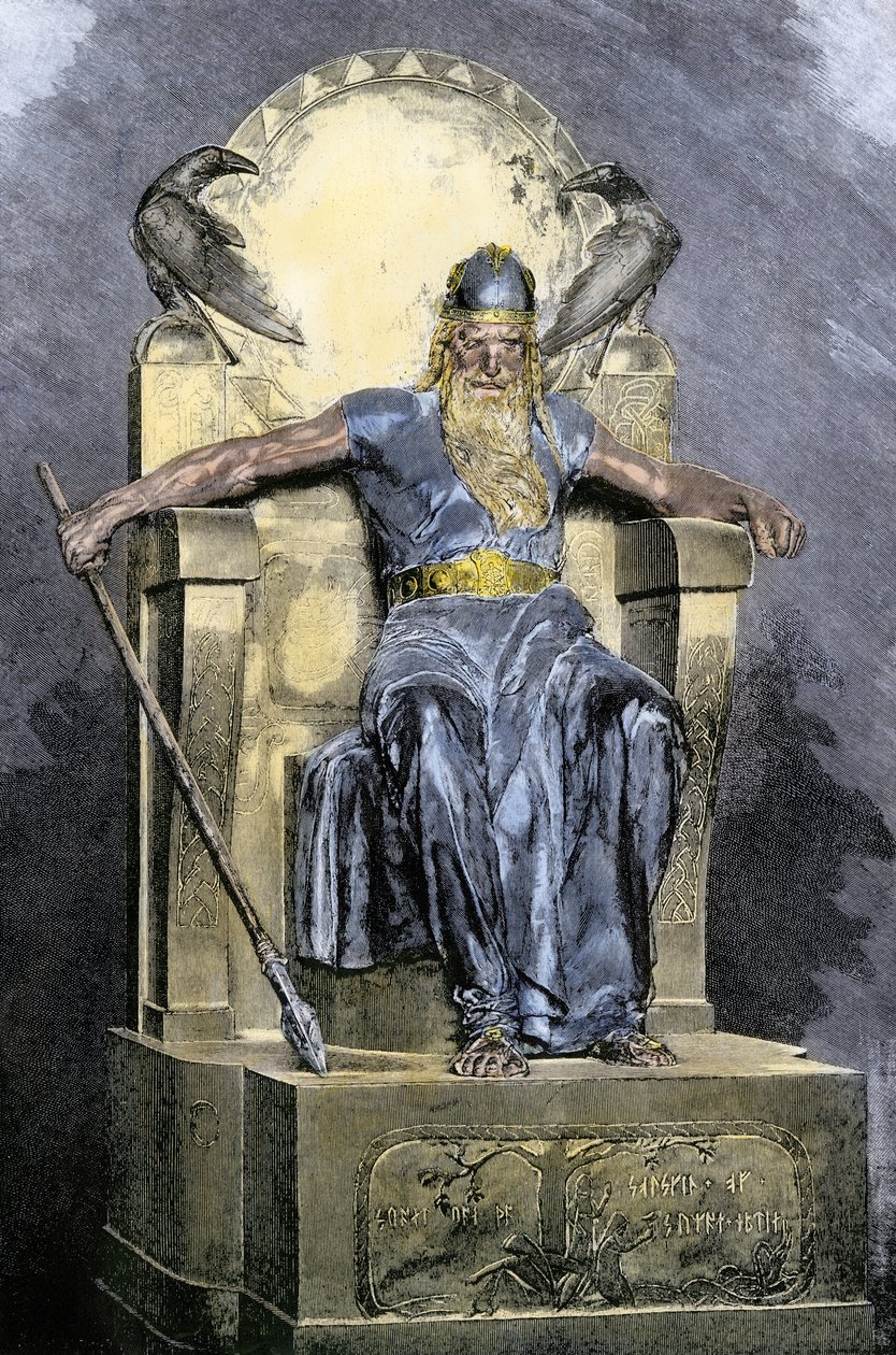 Mitología nórdica: representación de la deidad Wotan (Odín). Grabado en color del siglo XIX. de Unbekannter Künstler