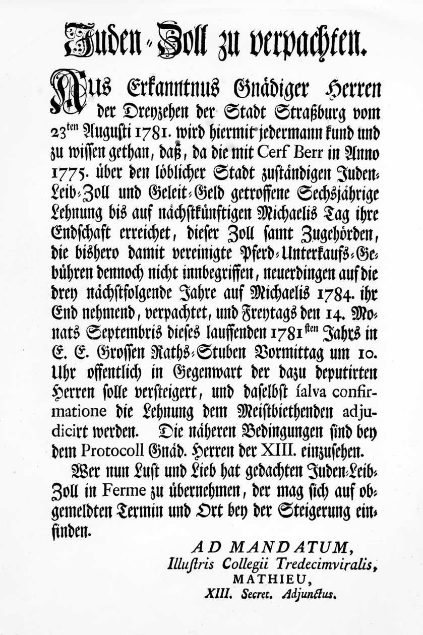 Notificación del Cuerpo Gobernante de Estrasburgo de los Trece (Tredecim Viri) de una subasta pública del derecho a recaudar el 