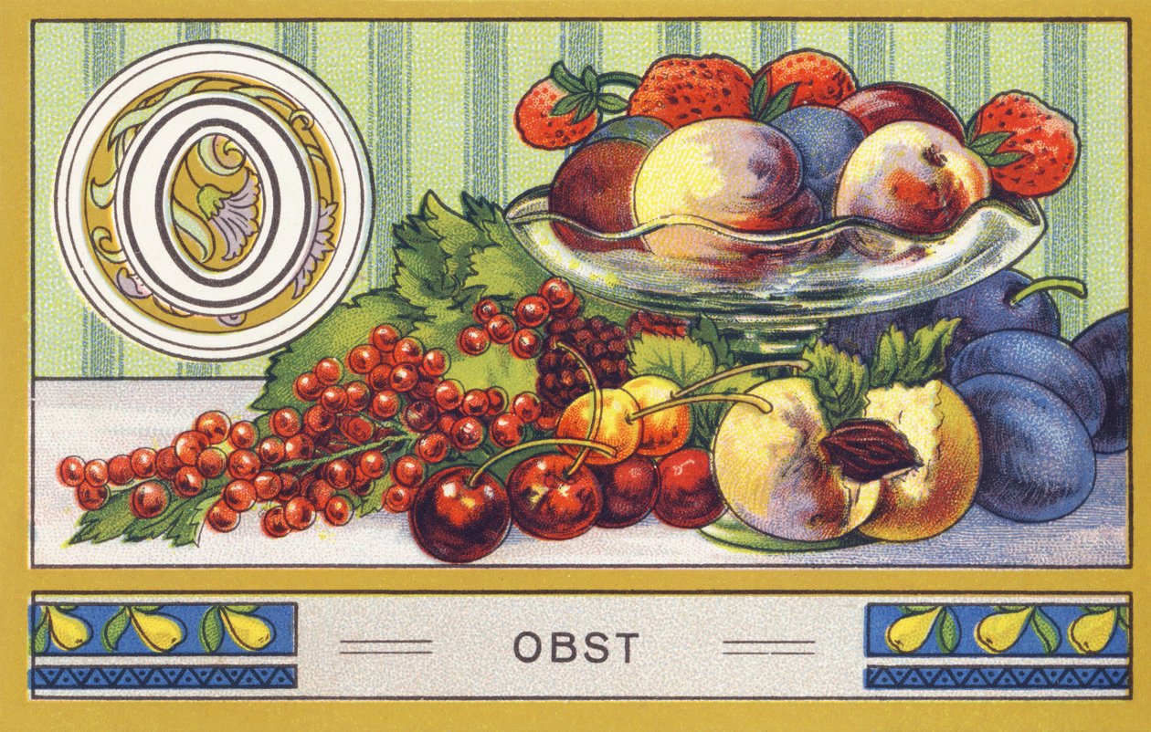 O: Obst - Alfabeto Palmin. Serie de cromolitografías editadas por H. Schlinck & Cie, Hamburgo. Publicidad para Palmin feinstes Cocosfett. Dimensiones: 7 x 11 cm de William M. Timlin