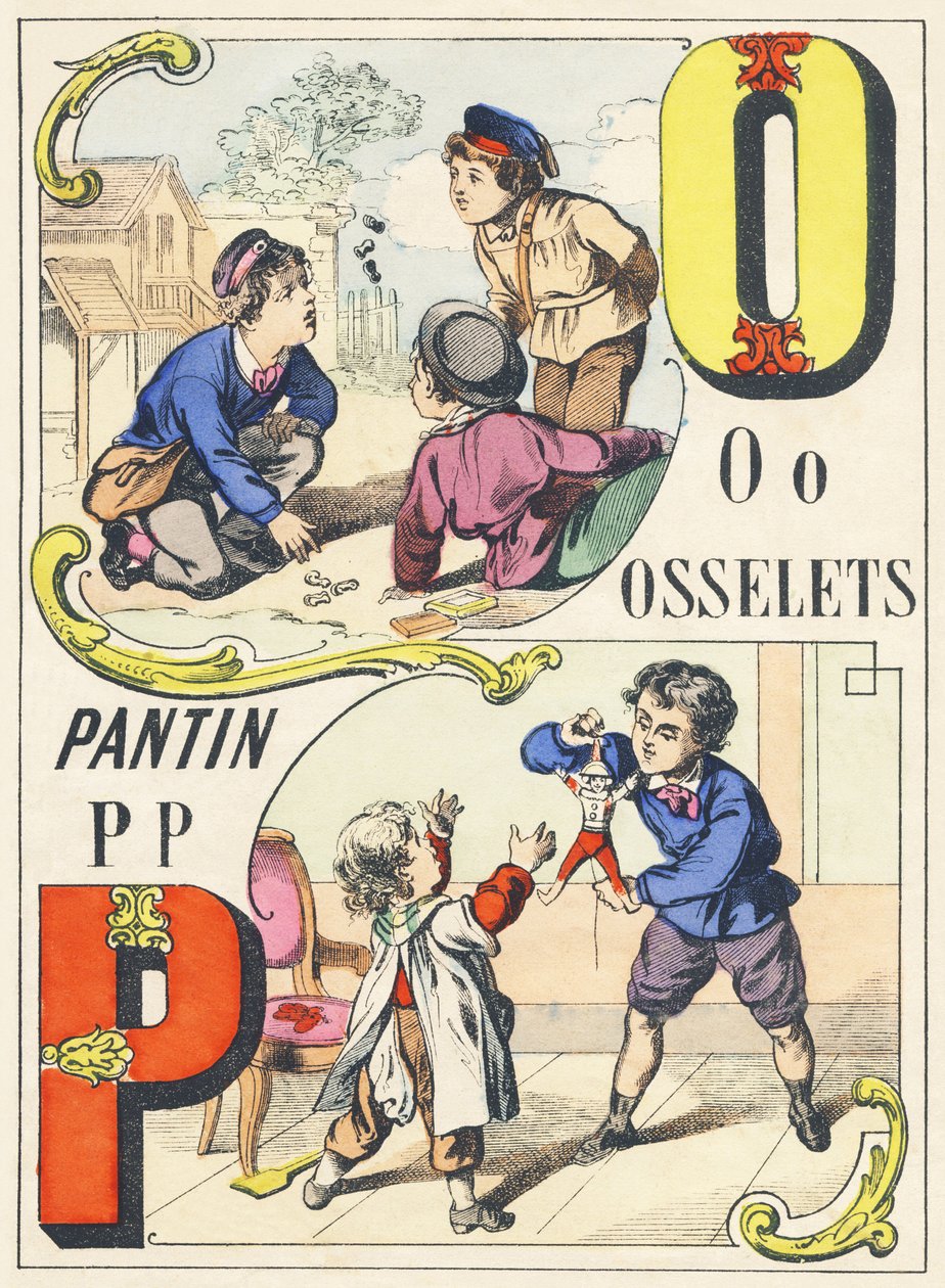 O P: osselets, pantin - Alfabeto de Juegos, c.1890 (ilustración) de Unbekannt