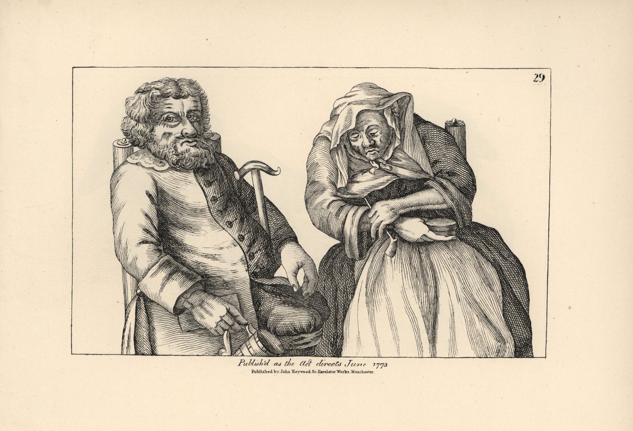 El viejo Darby con la jarra vacía y Juana con su pipa de tabaco. Grabado en cobre según una ilustración satírica de Timothy Bobbin (John Collier) (1708-1786) de Human Passions Delineated, John Haywood, Manchester. de Unbekannter Künstler