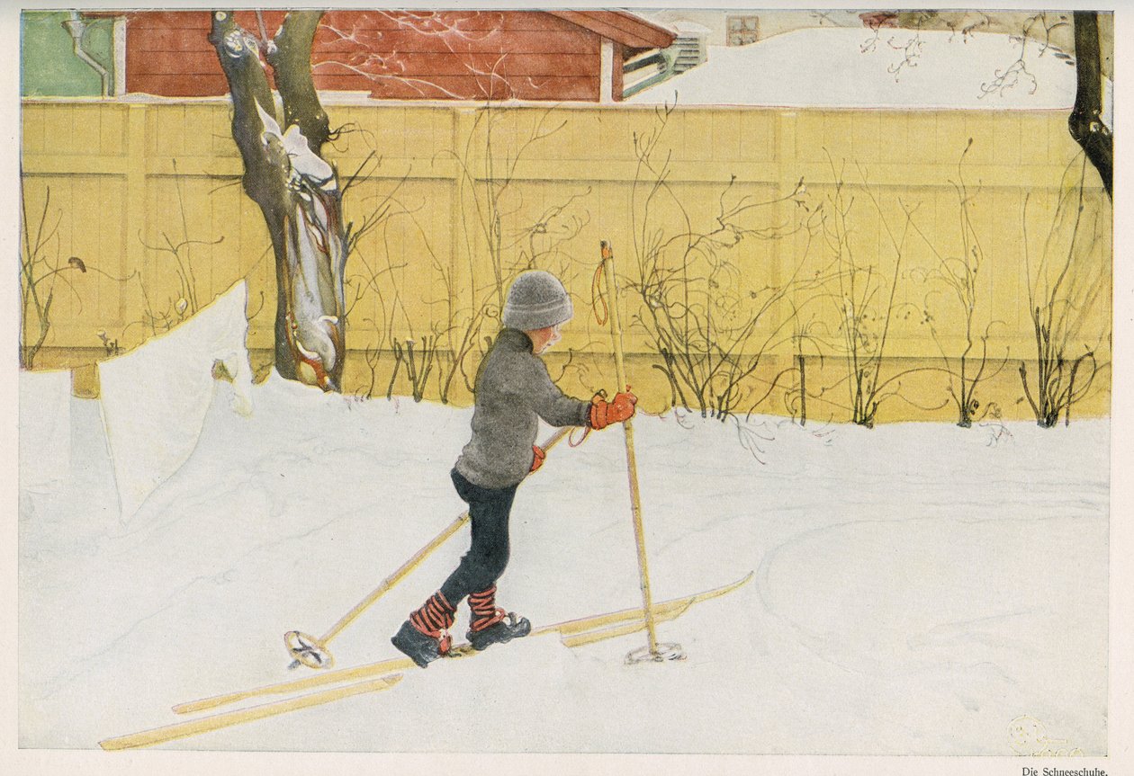 Uno de los hijos del ilustrador sueco Carl Larsson aprendiendo a moverse en esquís. Dibujo de "Das haus in der sonne" 1921 de Unbekannt