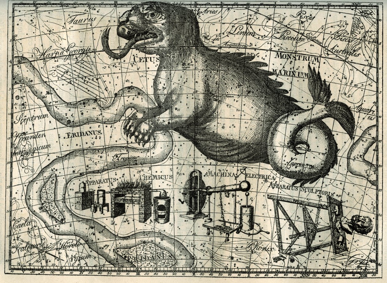 Una de las últimas constelaciones del sur visibles en Francia es la de la Ballena, representada como un animal fantástico con lengua bifurcada y cola larga. Al sur de la Ballena, los mapas celestes contienen tres constelaciones modernas: el Taller del Escu de Unbekannt