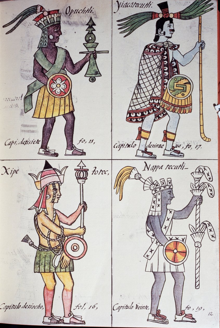 Opochtli, Xipe Totec, Yacatecuhtli y Nappatecutli, Página del Códice Florentino, Versión en español y náhuatl, Historia General de las Cosas de la Nueva España, Azteca de Benjamin Baud