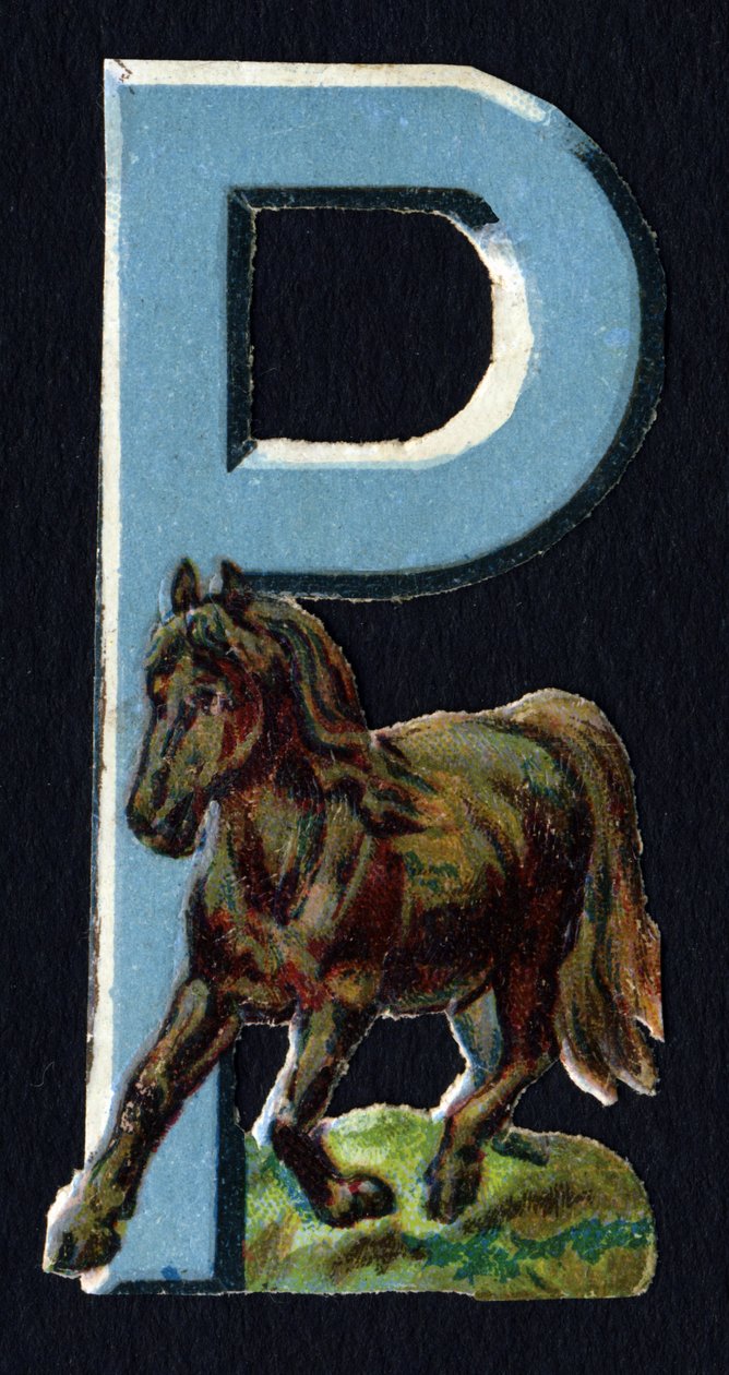 P de Pony. Escarabajo decoupis sobre el tema de los animales. Grabado. Serie de 26 cromolitografías de gofre de origen inglés. Editor e ilustrador desconocidos. Finales del siglo XIX. de Unbekannt