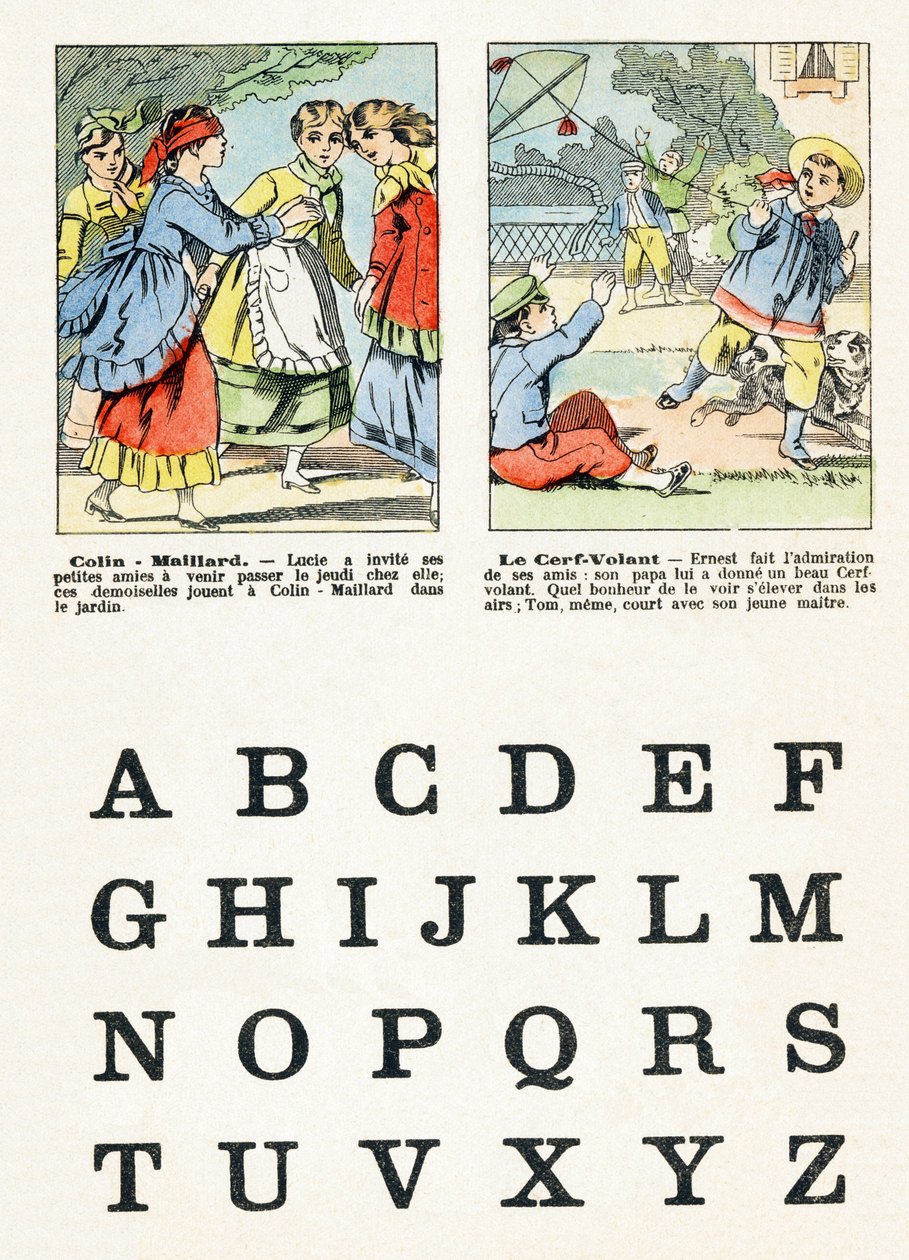 Página 1 - Juegos de niños: colin maillard, la cometa - Alfabeto - Diversiones infantiles - Imágenes de Epinal, serie popular, circa 1890 de Unbekannt
