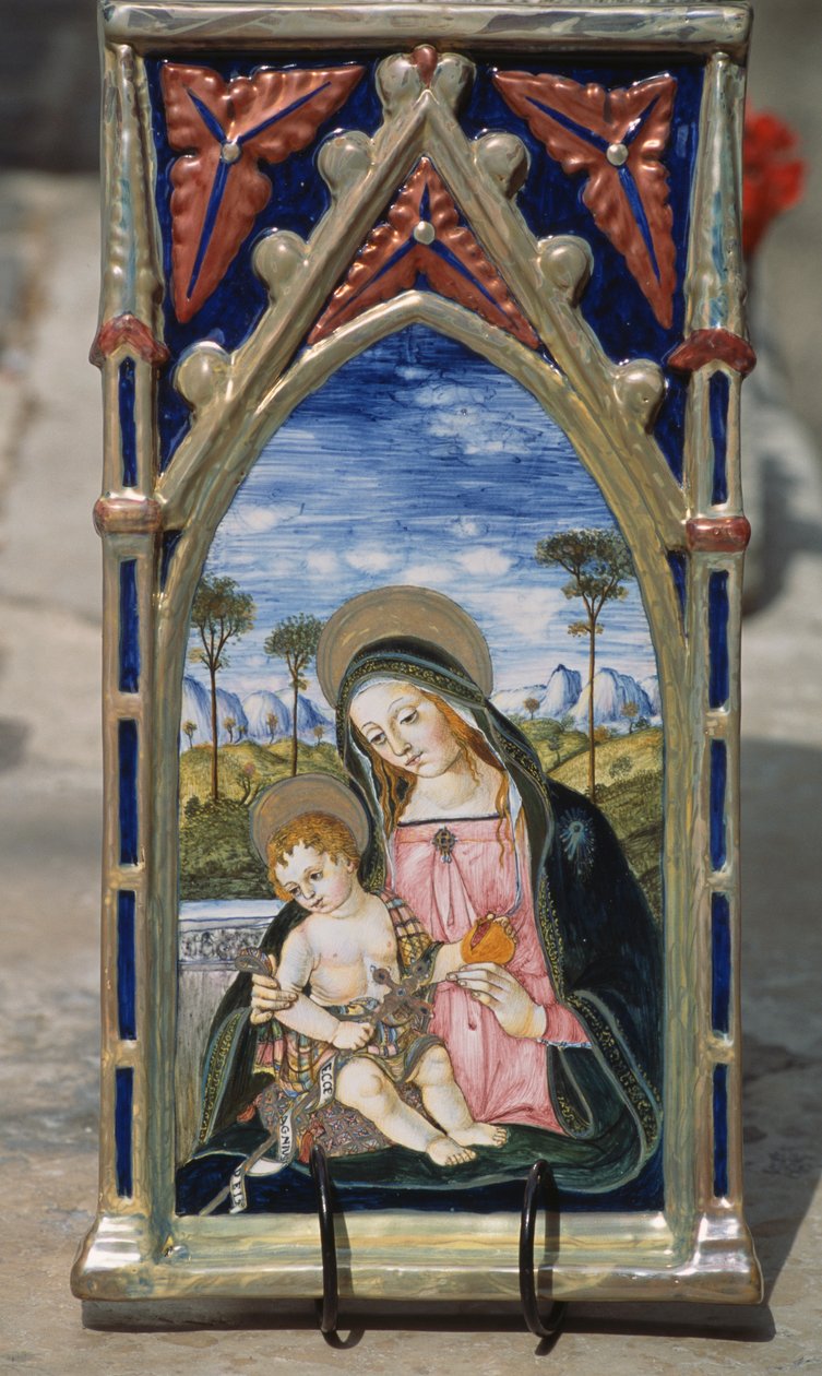 Azulejo de cerámica pintado que representa a la Madonna y el Niño, Gualdo Tadino, Umbría, Italia de William M. Timlin
