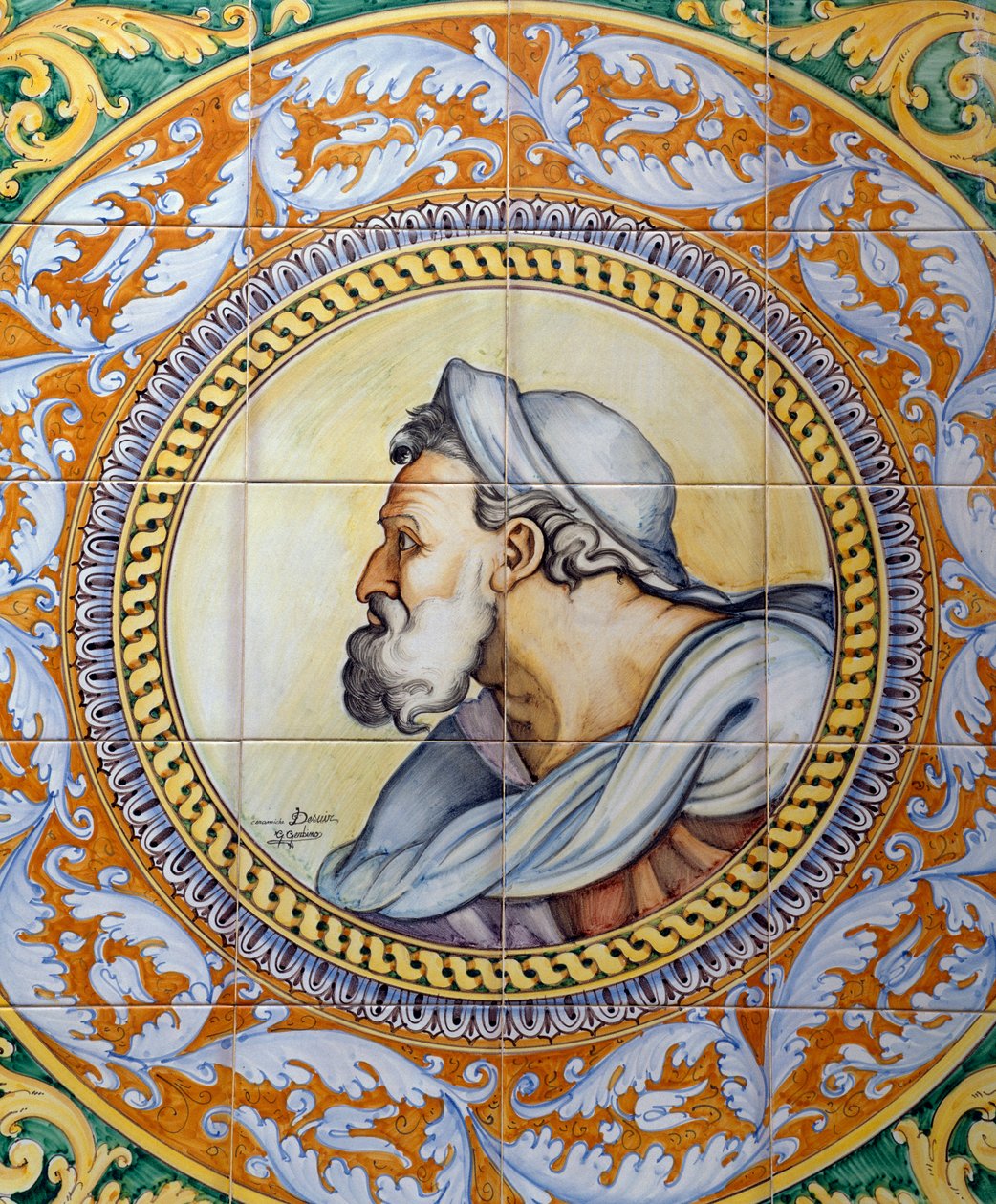 Panel de mayólica pintada que representa la cabeza de un anciano al estilo de Miguel Ángel, hecho por Ceramiche Desuir, Santo Stefano di Camastra, Sicilia, Italia, (detalle) de William M. Timlin