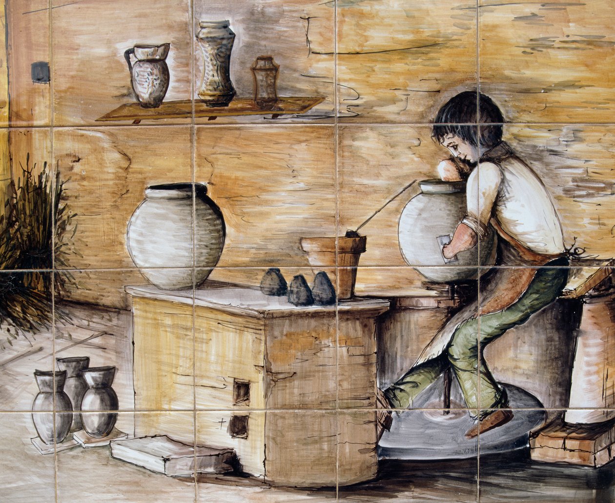 Panel de mayólica pintado que representa escena de fabricación de cerámica, hecho a mano por Ceramiche Desuir, Santo Stefano di Camastra, Sicilia, Italia (detalle) de William M. Timlin