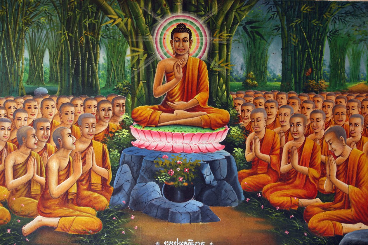 Pintura que representa a Buda enseñando a los monjes, Udong, Camboya de Unbekannt