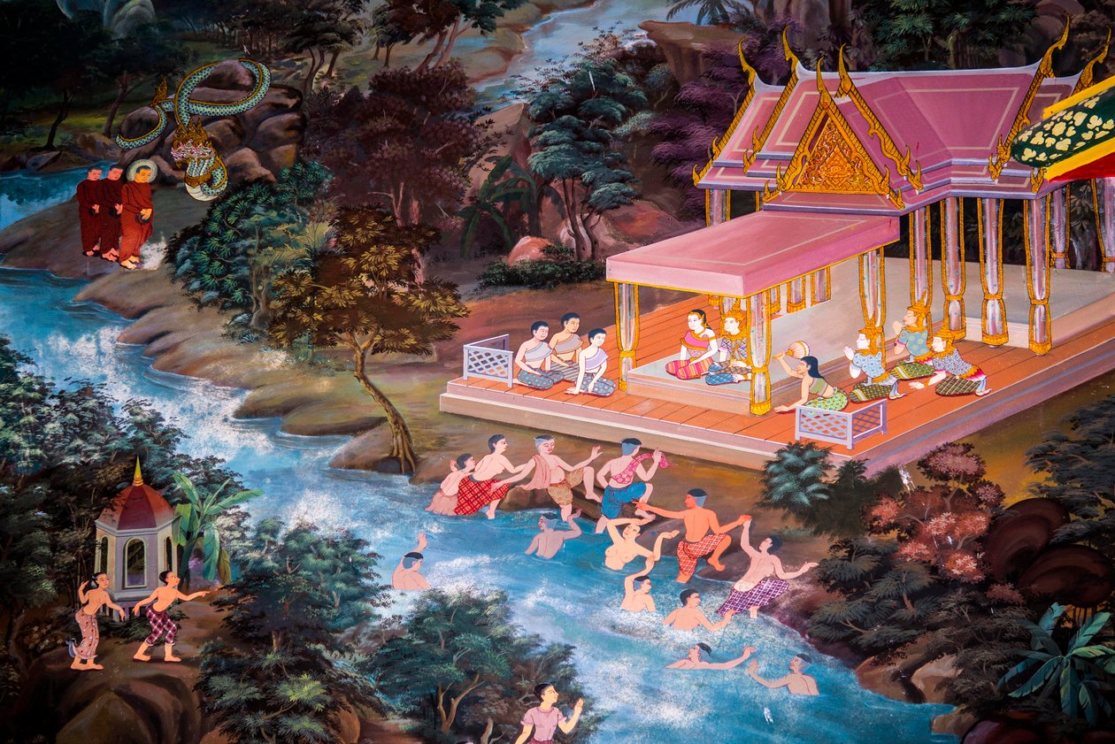 Pinturas de escenas de pueblo con Buda en Tailandia, Wat bang riang, Thub Pat/ Paintings, Wat bang riang, Thub Pat, Phang Nga, Tailandia, Asia (foto) de Unbekannter Künstler