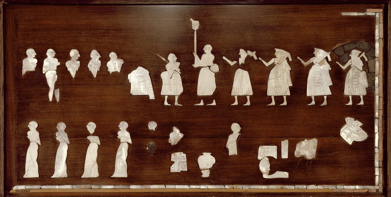 Panel conocido como el "Estandarte de Mari", Período Dinástico Temprano, c.2500 a.C. (concha, caliza y betún) de Unbekannt