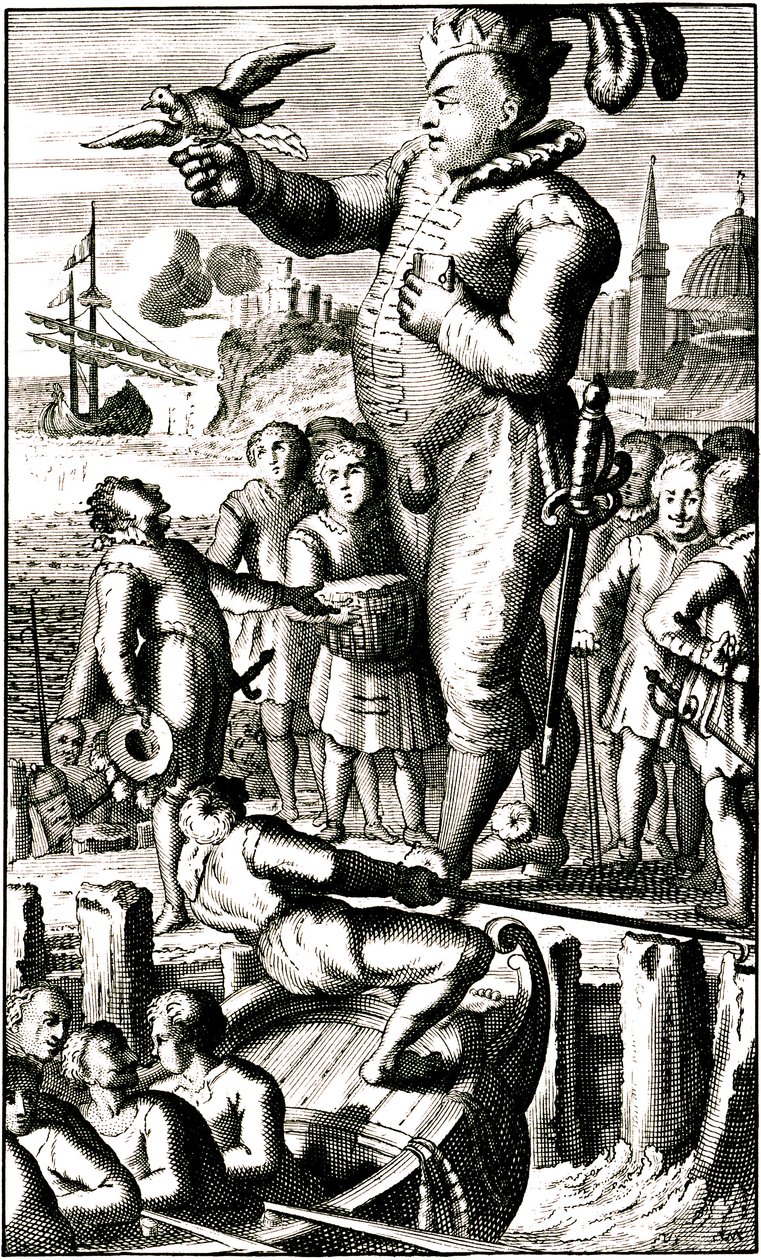 Pantagruel envía noticias a Gargantua mediante una paloma mensajera (Rabelais) de Alec Hunter