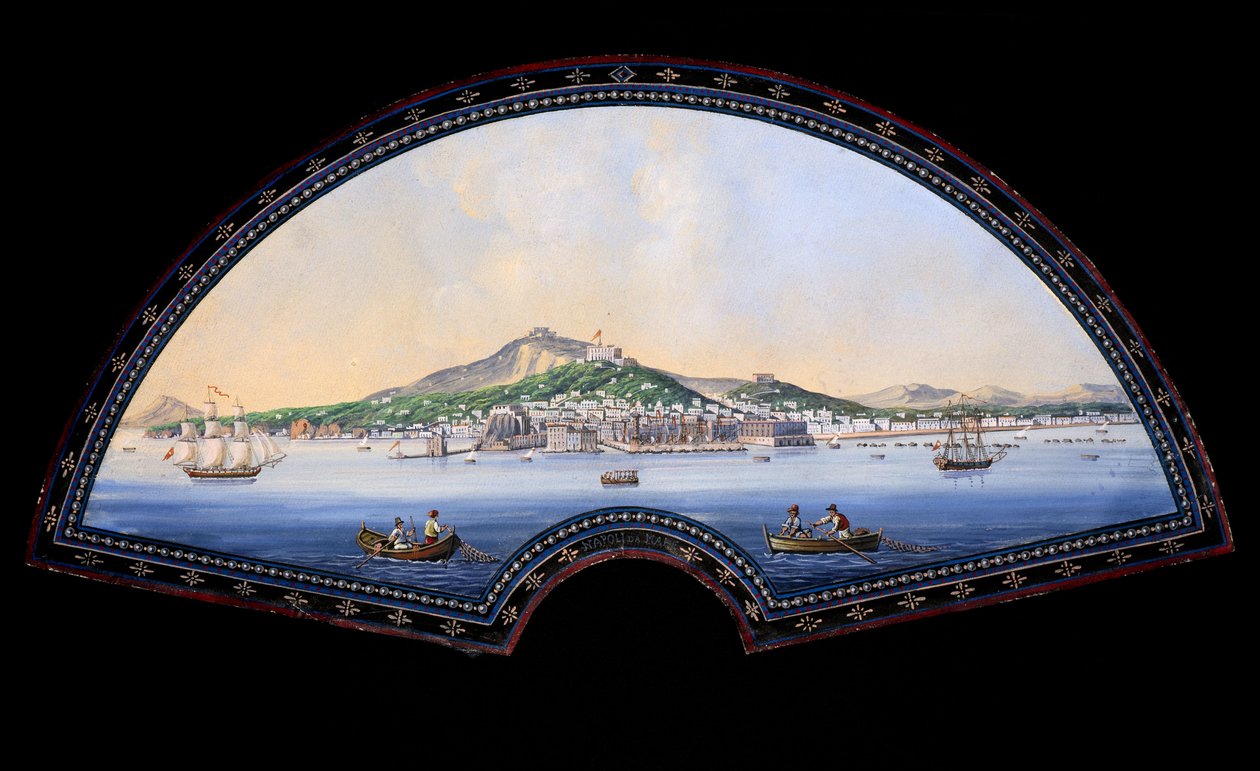 Modelo de abanico de papel con una pintura en gouache que representa los destinos del Grand Tour, un viaje práctico por artistas e intelectuales de los siglos XVIII y XIX en los países mediterráneos durante su juventud para su educación y enriquecimiento de Unbekannt