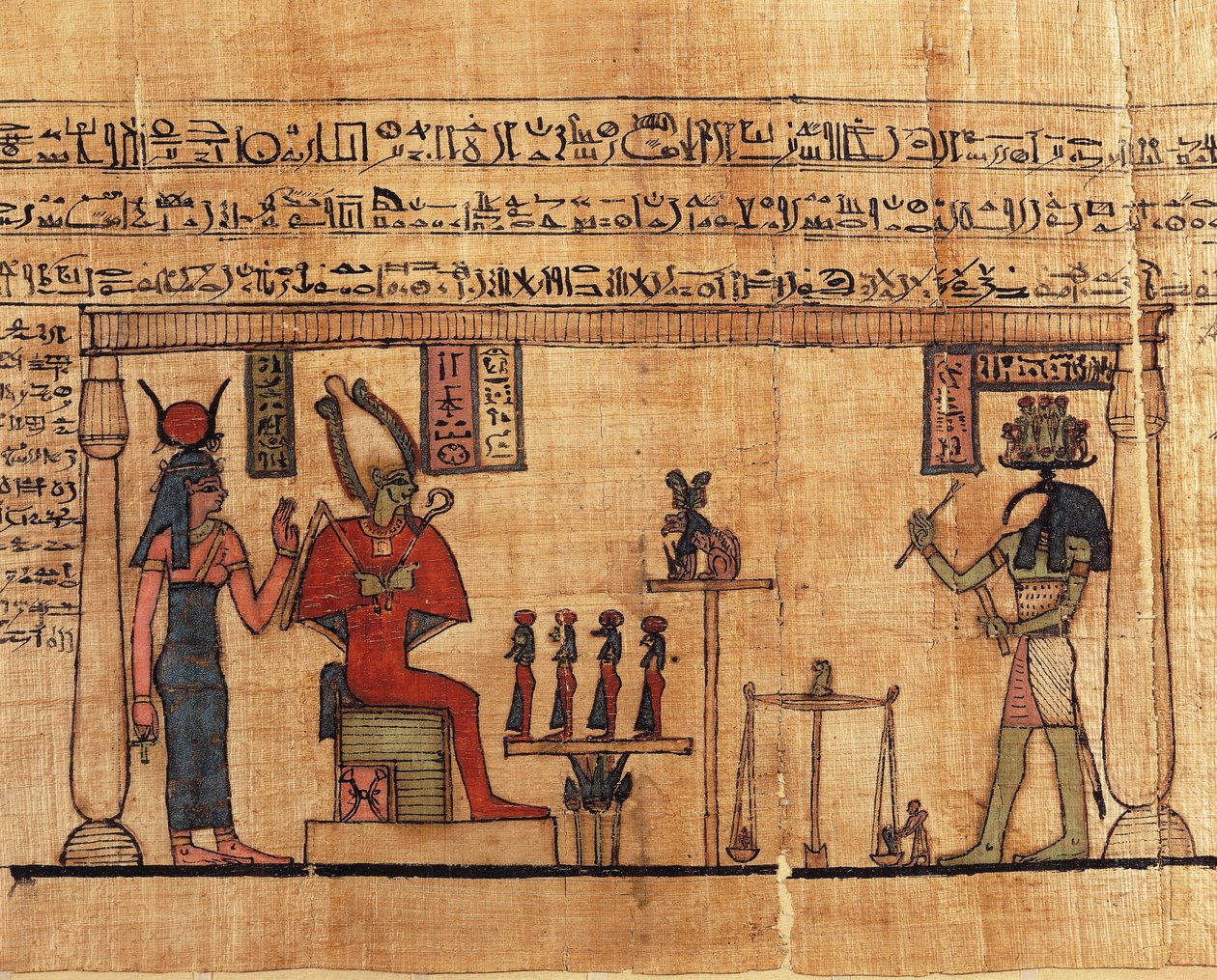 Papiro del Primer Libro de la Respiración de Ousirour, Thoth pesando el alma de Ousirour ante Isis y Osiris de Alec Hunter